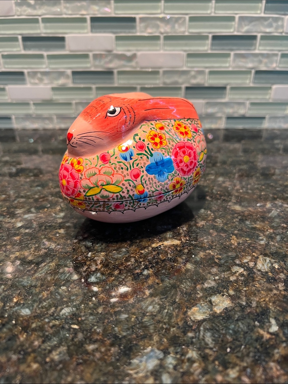 Hand-Painted Paper Mache Floral Rabbit Trinket Box